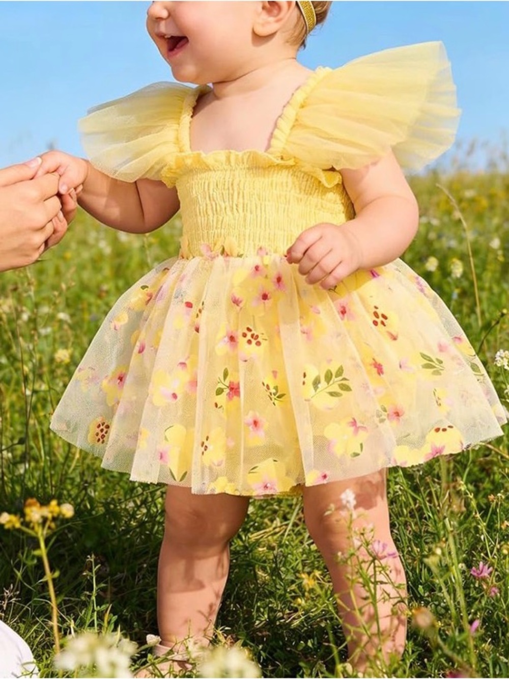 Yellow Floral Tulle Baby Costume Dress with Puff Sleeves 12-18 month